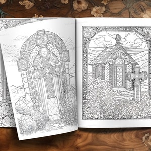 Puede incluir: Una p&aacute;gina de libro para colorear en blanco y negro con dos ilustraciones de inspiraci&oacute;n celta. La primera ilustraci&oacute;n es un arco de piedra con una cruz en su interior. La segunda ilustraci&oacute;n es un peque&ntilde;o edificio de piedra con una cruz en frente.