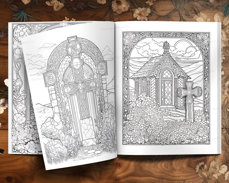 Puede incluir: Una p&aacute;gina de libro para colorear en blanco y negro con dos ilustraciones de inspiraci&oacute;n celta. La primera ilustraci&oacute;n es un arco de piedra con una cruz en su interior. La segunda ilustraci&oacute;n es un peque&ntilde;o edificio de piedra con una cruz en frente.