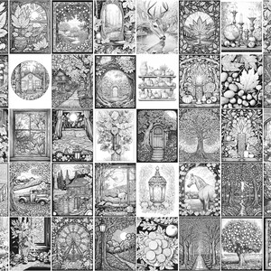 K&ouml;nnte beinhalten: Eine Sammlung von 36 Schwarzwei&szlig;illustrationen mit herbstlichen Motiven. Die Bilder zeigen Szenen aus der Natur, darunter B&auml;ume, Bl&auml;tter, K&uuml;rbisse und ein Reh. Es gibt auch Bilder von Fenstern, T&uuml;ren und anderen architektonischen Elementen.