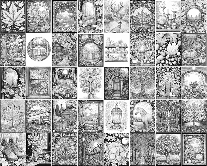 K&ouml;nnte beinhalten: Eine Sammlung von 36 Schwarzwei&szlig;illustrationen mit herbstlichen Motiven. Die Bilder zeigen Szenen aus der Natur, darunter B&auml;ume, Bl&auml;tter, K&uuml;rbisse und ein Reh. Es gibt auch Bilder von Fenstern, T&uuml;ren und anderen architektonischen Elementen.