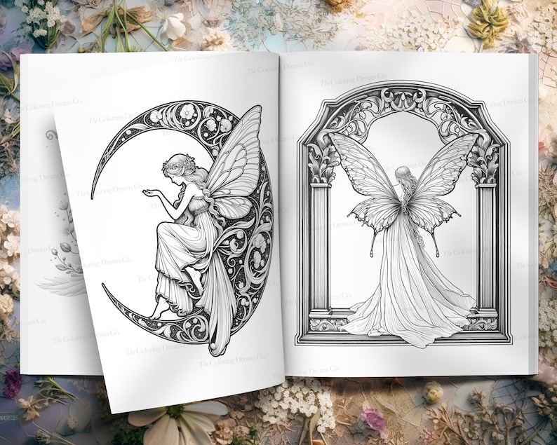 May include: Two black and white illustrations of fairies. The first fairy is sitting on a crescent moon with intricate floral designs. The second fairy is standing in a decorative archway with wings spread.