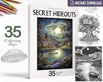 Fantasy Coloring Book of Secret Hideouts, Fall Coloring Page, Spooky Sci-Fi Coloring, Printable Coloring Page, Adults Kids Coloring Pages