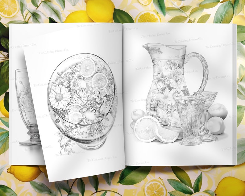 May include: A black and white illustration of a pitcher and glasses filled with lemonade. The pitcher and glasses are decorated with floral designs. There are lemons and limes around the pitcher and glasses.