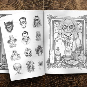 May include: A black and white coloring book featuring a variety of spooky characters and scenes. The cover shows a spooky character with a long white beard and a framed portrait of a spooky character with a long white beard. The book is open to a page with a variety of spooky characters, including a ghost, a pumpkin, a spider, and a pirate.