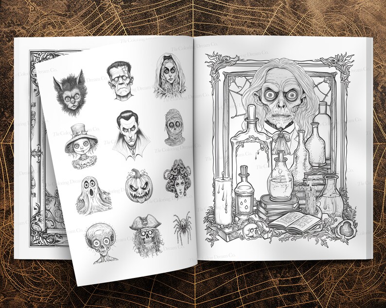 May include: A black and white coloring book featuring a variety of spooky characters and scenes. The cover shows a spooky character with a long white beard and a framed portrait of a spooky character with a long white beard. The book is open to a page with a variety of spooky characters, including a ghost, a pumpkin, a spider, and a pirate.