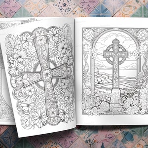Puede incluir: Un libro para colorear con dos p&aacute;ginas que muestran intrincados dise&ntilde;os de cruces celtas. La primera p&aacute;gina presenta una cruz rodeada de patrones florales, mientras que la segunda p&aacute;gina representa una cruz de pie en un paisaje con un arco de piedra y un cielo nublado.