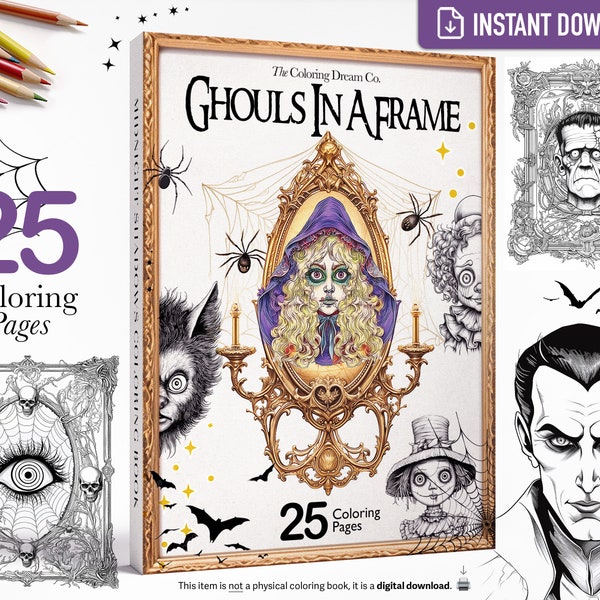 Ghouls In A Frame: Halloween Coloring Book, Haunted Coloring Page, Spooky Coloring Book, Printable Coloring Page, Adults Kids Coloring Pages