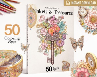 Whimsical Coloring Book of Trinkets & Treasures, Flowers Vintage Jewelry Coloring Page, Printable Coloring Page, Adults Kids Coloring Pages