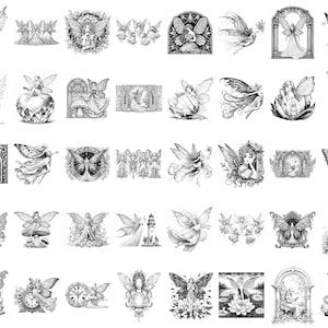 May include: A collection of 36 black and white illustrations featuring fairies in various poses and settings. The fairies are depicted with wings, flowing dresses, and delicate features. Some illustrations include flowers, clocks, mushrooms, and other whimsical elements.