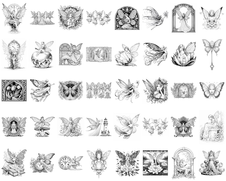 May include: A collection of 36 black and white illustrations featuring fairies in various poses and settings. The fairies are depicted with wings, flowing dresses, and delicate features. Some illustrations include flowers, clocks, mushrooms, and other whimsical elements.