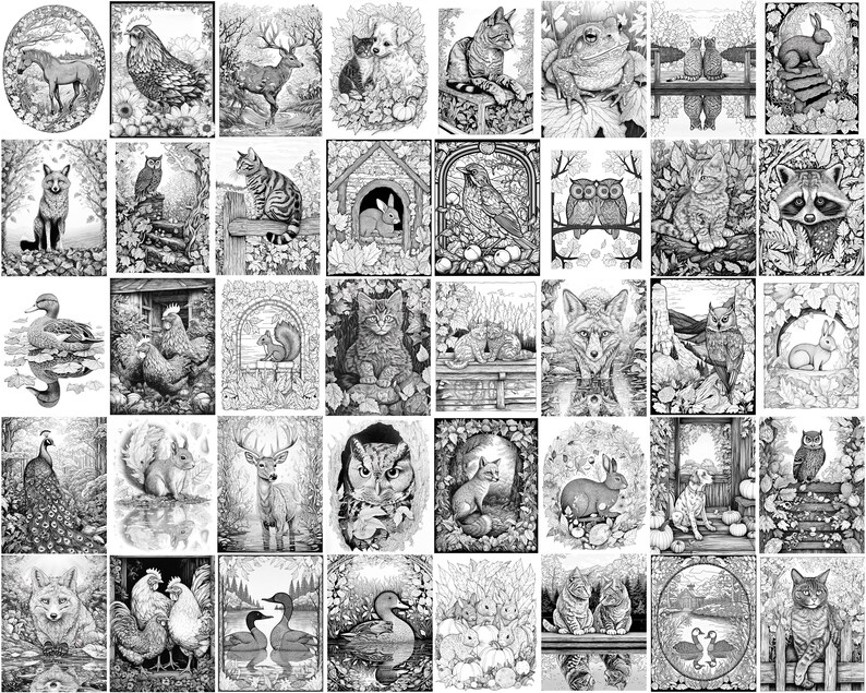 May include: A black and white colouring book page featuring a variety of animals, including owls, cats, foxes, squirrels, deer, rabbits, and ducks. The animals are depicted in a variety of poses and settings, including in trees, on fences, and in the forest.