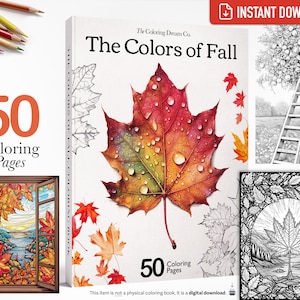 K&ouml;nnte beinhalten: Ein digitaler Download von 50 Malvorlagen mit Herbstbl&auml;ttern, B&auml;umen und Landschaften. Das Cover zeigt eine Nahaufnahme eines roten und orangefarbenen Ahornblattes mit Wassertropfen. Der Text "The Colors of Fall" steht auf dem Cover.