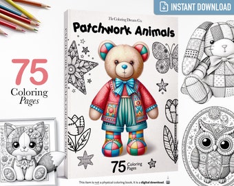 Patchwork Animals Coloring Book, Unique Coloring Page, Stress Relief, Printable Coloring Page, Printable PDF, Adults Kids Coloring Pages