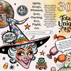 May include: A witch with a star-patterned hat and a mischievous grin. The image is part of a coloring book with 300 "Totally Unique Pages" and a high-quality design. The text "All Ages!" is visible in the upper left corner.