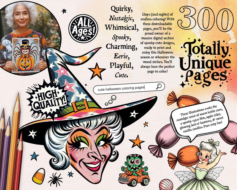 May include: A witch with a star-patterned hat and a mischievous grin. The image is part of a coloring book with 300 "Totally Unique Pages" and a high-quality design. The text "All Ages!" is visible in the upper left corner.