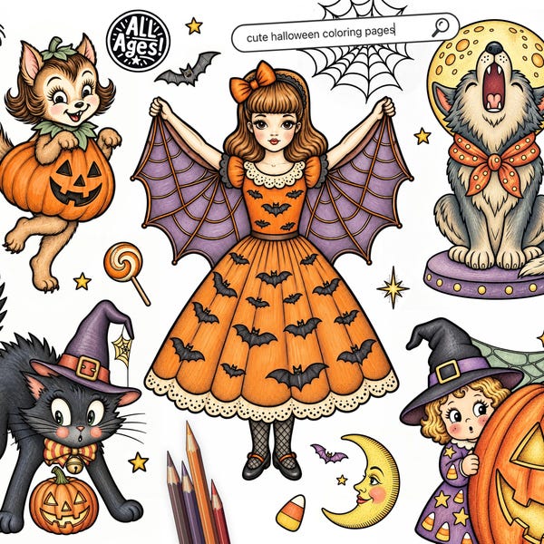 ¡300 páginas! Libro para colorear retro vintage de Halloween, PDF imprimible, para niños y adultos, página para colorear de fiesta de otoño, magia de brujas embrujadas y espeluznantes.
