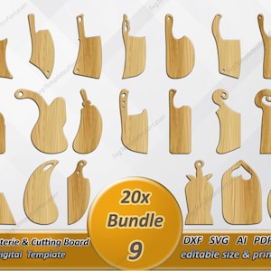 20x Tabla de cortar Svg / Tabla de charcutería Svg / Tabla de queso Svg / Tabla de fideos SVG / Archivos de tabla de corte Diy / Paquete de decoración de cocina