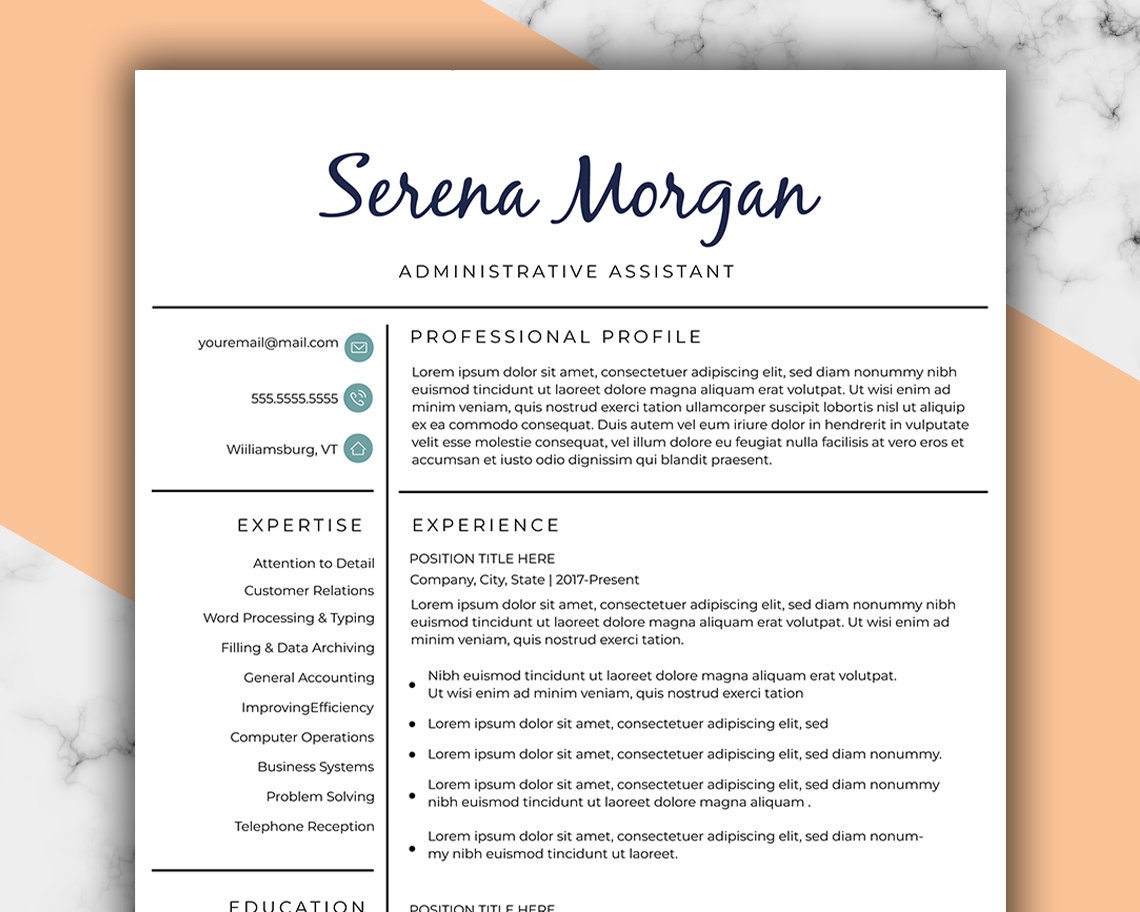 Executive Assistant Resume Template for Word and Pages 1, 2 & 3 Page