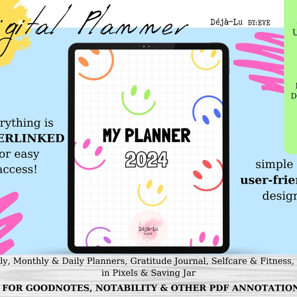 SmileyFace Digital Planner for Kids & Teens, Digital Journal, Daily Planner, Monthly Planner, Goodnotes, iPad Planner, Notability, Noteshelf