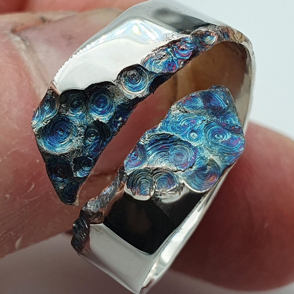 Starry Night Ring, Blue Statement Jewelry for Women, Unusual Sculptural Silver Band, Abstract Organic Handmade Gift for Her, Brutalist Style