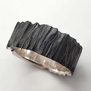Oblivion: Brutalist Sterling Silver Ring. Oxidised Black Handmade Band. Modern Statement Ring for Men. Unique Textured Nature Jewellery Gift