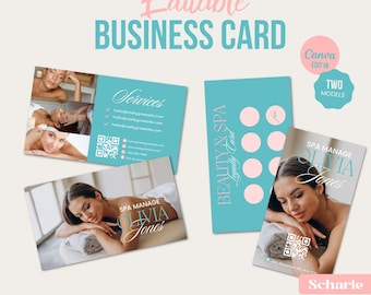 Puede incluir: Una plantilla de tarjeta de visita de bricolaje con temática de spa. El diseño presenta una combinación de colores turquesa y rosa, con imágenes de servicios de spa y una mujer relajándose. El texto incluye "Tarjeta de visita editable", "Servicios" y "Spa Manage Olivia Jones".