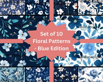 Blue Floral Patterns - Flowers design, Tiles, Repetition, For bedsheets, curtains, Scrapbooking, commercial use