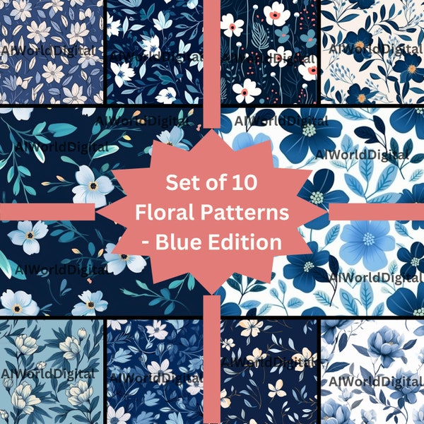 Blue Floral Patterns - Flowers design, Tiles, Repetition, For bedsheets, curtains, Scrapbooking, commercial use