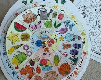 Rueda del Año para colorear, Rueda del Calendario de Estaciones, Tablero Giratorio de la Rueda de las Estaciones, Manualidades de Papel para Niños, Calendario Montessori, Herramienta de Aprendizaje