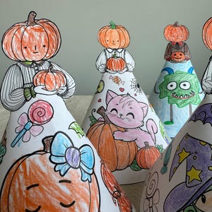 Halloween Paper Dolls Coloring Set, Pumpkin Paper Craft Kit, Color and Cut, Printable Paper Dolls, DIY Kids Paper Toys, Fall Coloring Page