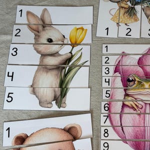 Può includere: Un set di nove pezzi di puzzle che raffigurano un coniglio che tiene un fiore giallo, una rana in un tulipano rosa e un orso marrone. Ogni pezzo è numerato da 1 a 9.