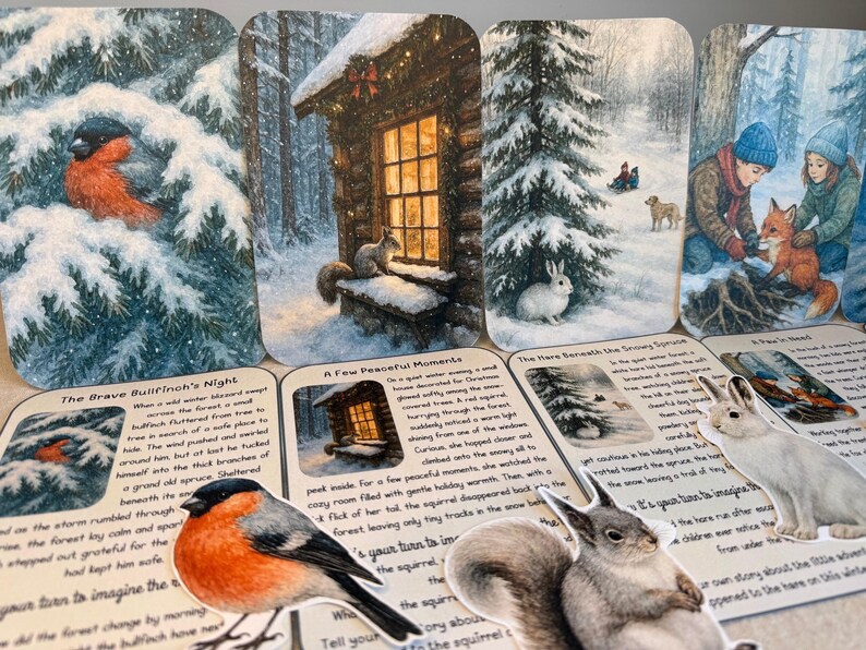 May include: A set of winter-themed art cards with illustrations of a cabin, animals, and snowy landscapes. The cards feature text and images of a bullfinch, squirrel, and rabbit. The colour palette includes white, blue, and orange.