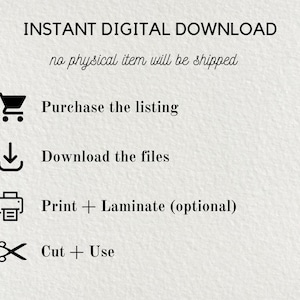 May include: Cream-colored graphic with the text "INSTANT DIGITAL DOWNLOAD" and instructions for purchasing and using digital files. Includes icons for a shopping cart, download arrow, printer, and scissors. The text states that no physical item will be shipped.