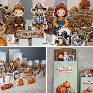 Puede incluir: Un conjunto de figuras de papel con niños, un espantapájaros, calabazas, un gato, una carretilla y un farol. El set incluye cajas con la etiqueta Tiny Pumpkin Patch y un letrero que dice PUMPKIN PATCH con una calabaza.