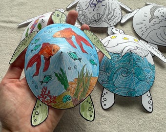 Turtle Paper Craft Kit, Summer Coloring Set, Turtle 3D Paper Craft, Printable DIY Kids Paper Toys, Ocean Pretend Play, Underwater Play Set
