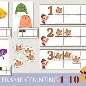 Carte di conteggio Autumn Ten Frame, numeri da 1 a 10, conta e abbina, apprendimento dei numeri, attività di conteggio per bambini piccoli, gioco di conteggio stampabile per la scuola materna