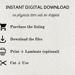 May include: Cream-coloured graphic with the text "INSTANT DIGITAL DOWNLOAD" and instructions for purchasing and using digital files. Includes icons for a shopping cart, download arrow, printer, and scissors. The text states that no physical item will be shipped.