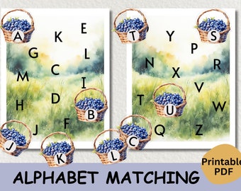 Tarjetas de emparejamiento de letras de la naturaleza, actividad de reconocimiento del alfabeto, juego imprimible Montessori para jardín de infantes, letras mayúsculas y minúsculas