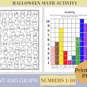 May include: A printable Halloween math activity worksheet for kids. The worksheet features a count and graph activity with a picture of ghosts. The worksheet includes a graph with numbers 1-10 and a grid to color in.