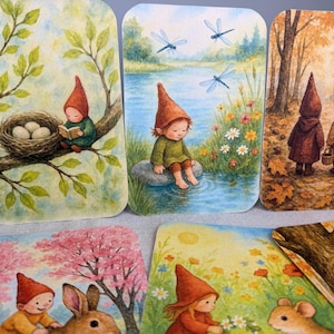 May include: A set of illustrated art cards depicting gnomes in nature. Scenes include a gnome reading, one by a lake with dragonflies, and others in autumn and spring settings. Each card has a unique, idyllic scene.