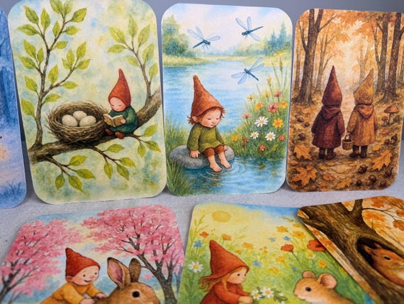 Seasonal Table Decoration, Four Seasons, Year Cards, Education, Nature Learning Homeschool Classroom, Gnomes and Animals, Montessori Waldorf