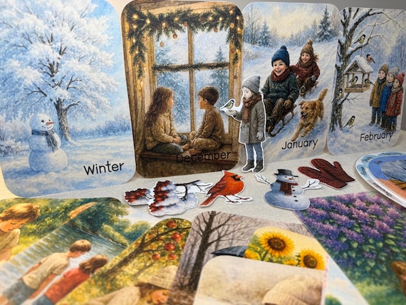 Monthly Card Set, Months of the Year, Four Seasons, Education, Nature Learning Homeschool Classroom, Montessori, Morning Basket, Study Unit