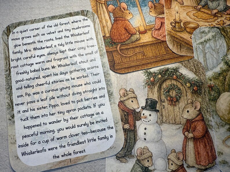 May include: A collection of illustrated cards featuring mice in a forest setting. One card has text describing the Whiskerleaf family. Other cards show mice near a window, baking, and building a snowman. The illustrations have a warm, inviting feel.
