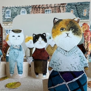 Autumn Puppet Theater, Paper Puppet Theater, Play Craft Toy, DIY Kids Paper Craft, Cats Paper Puppets, Autumn Storytelling, Cat Paper Dolls