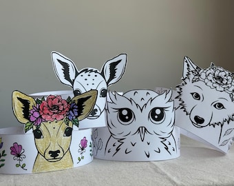 Woodland Animals Coloring Paper Crown, DIY Seasonal Paper Crafts, Printable Woodland Forest Birthday Party Hat, Paper Headband, Pretend Play