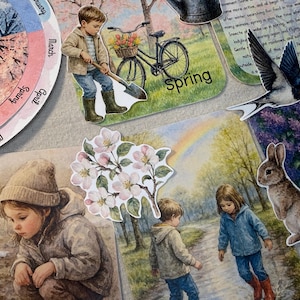 May include: A collage of spring-themed illustrations. A child with a shovel near a bicycle with flowers, a swallow, a rabbit, children playing, and a floral branch are depicted. The word "Spring" is visible.