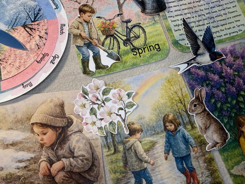 May include: A collage of spring-themed illustrations. A child with a shovel near a bicycle with flowers, a swallow, a rabbit, children playing, and a floral branch are depicted. The word "Spring" is visible.