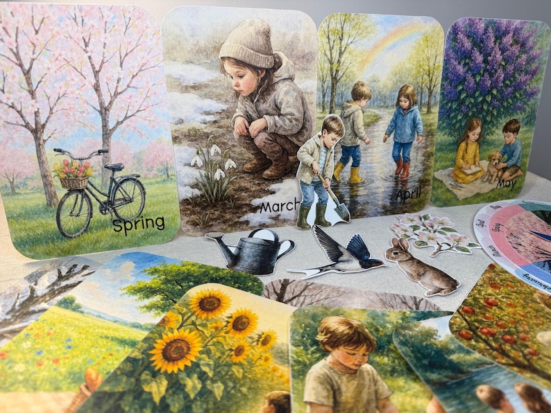 May include: A collection of illustrated cards depicting seasonal scenes. The cards show children playing in spring, with a bicycle, a child in the snow, and children playing in puddles. Other cards show sunflowers and a rabbit.
