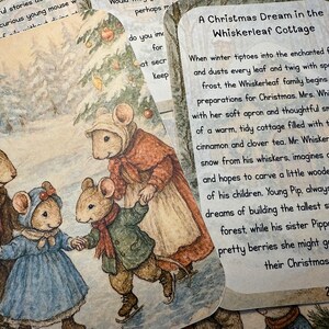 May include: Illustration of a mouse family ice skating in a winter scene. The mice are dressed in winter clothing, with text that reads "A Christmas Dream in the Whiskerleaf Cottage."