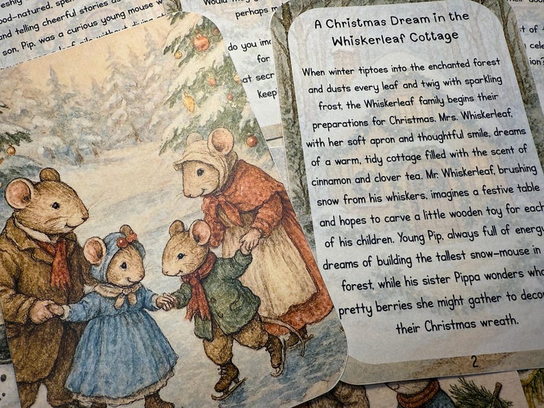May include: Illustration of a mouse family ice skating in a winter scene. The mice are dressed in winter clothing, with text that reads "A Christmas Dream in the Whiskerleaf Cottage."